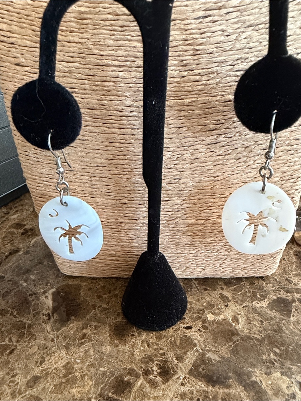 Mother of pearl large oval flat palm trees carved into the shell dangle earrings